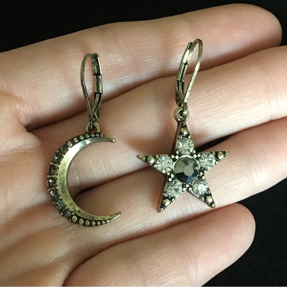Moon and Star Celestial Theme Dangle Earrings - Picture 1 of 6
